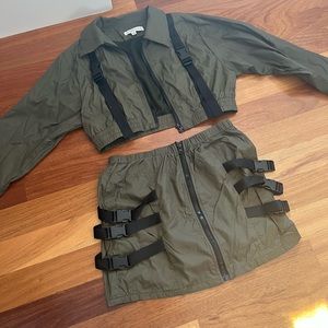 Army Green Nylon Buckle Skirt Set